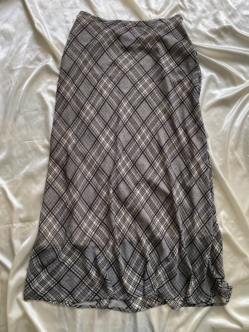 Vintage 1990s Black White Plaid Maxi Skirt Boho Grunge Bias Cut Size 12 Academia